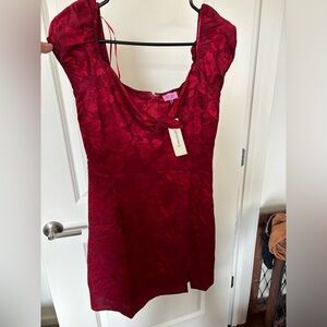 Red satin floral slip dress